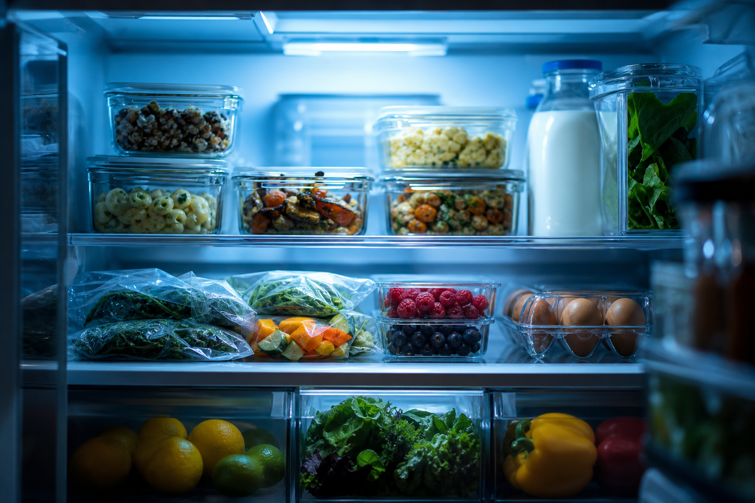 An organized fridge shelf with leftovers and produce under cool blue light